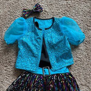 Girls Dance Costume MC Blue Sequin Jacket and Black Tank w/ Multi-Colored Skirt